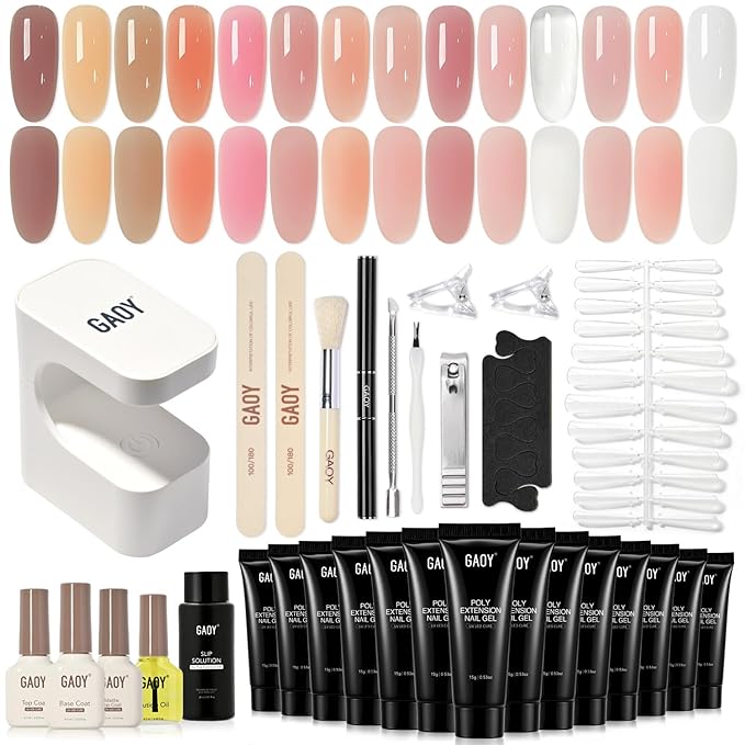 GAOY Poly Gel Nail Extension Kit with UV Light, 14 Colors Nude Pink Clear Jelly Builder Gel, All-in-One Starter Kit for French Manicure, Salon & DIY Home Nail Art, Love Letter