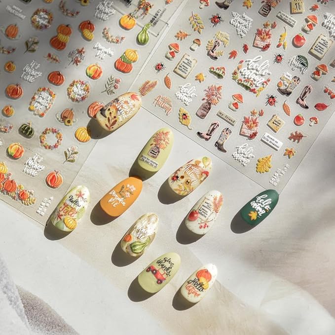 Maple Nail Stickers Leaf Mushroom Nail Decals 3D Self-Adhesive Boots Envelope Nail Designs 5D Embossed Plants Animals Insects Nails Supplies for Women Holiday DIY Manicure 1 Sheet