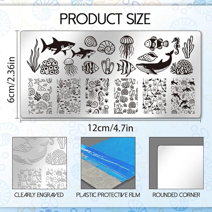 UNICRAFTALE 3Pcs Summer Nail Stamp Plates Set Ocean Series Nail Stamping Plate Turtles Shark Medusa Image Nail Stencils Conch Nail Art Stamping Template with Nail Scraper for Women Nail Design Tools