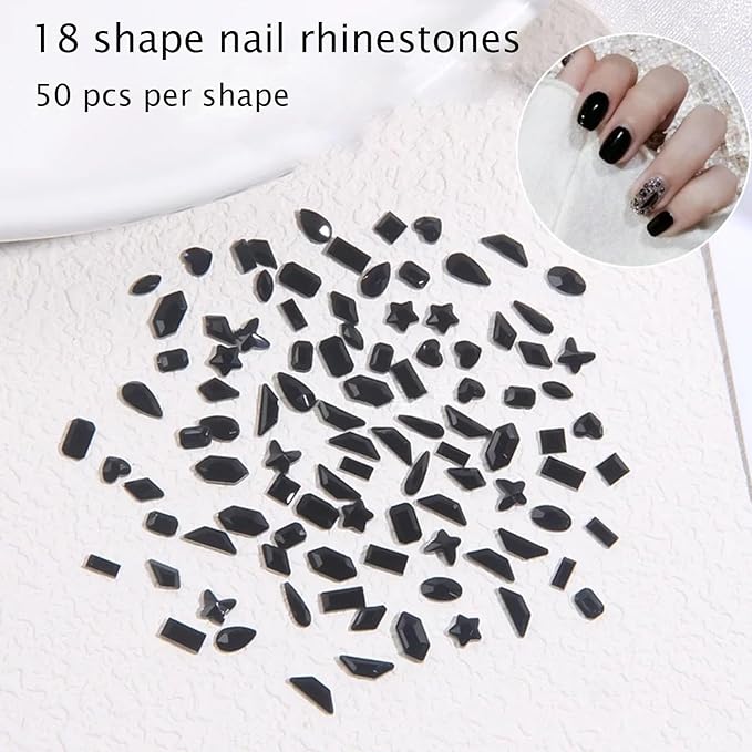 Nail Rhinestones Kit, 18 Types of 900 Special-Shaped Nail Crystal + 3200 Flat-Bottomed Nail Rhinestones, Black Nail Rhinestones for Nail Art DIY with Tweezer + Pickup Pen