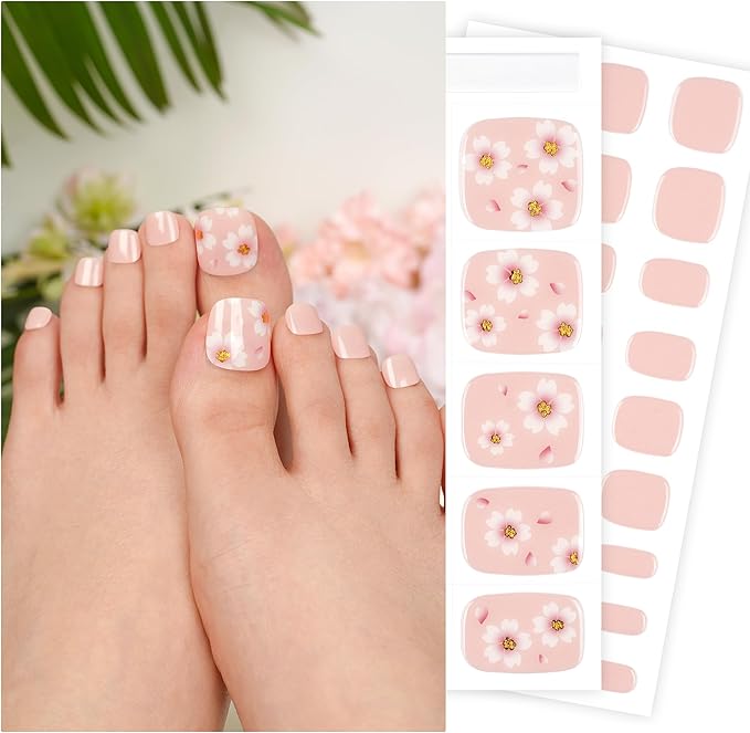 DANNI & TONI Semi Cured Gel Toenail Strips (Flowers) Nude Gel Toenail Stickers Petals Glazed Pedi 37 Stickers