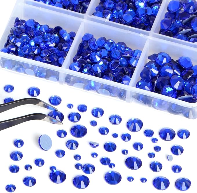 Bymitel Hotfix Crystal Rhinestones Round Gems for Crafts,Mixed 6 Sizes with Wax Pencil Kit, Sapphire 1.6-6.3mm SS4-SS30/8000pcs