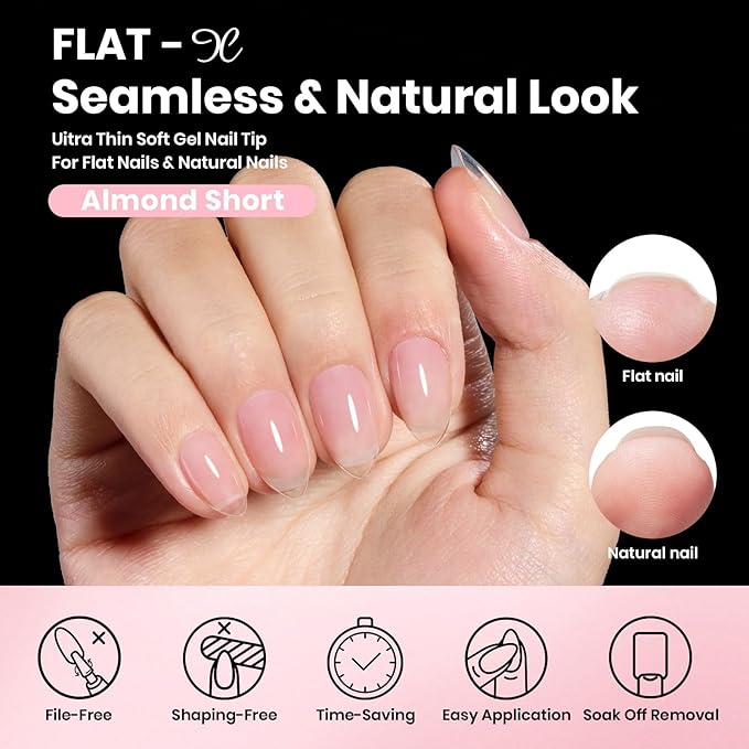 Beetles Gel Nail Kit Flat-X, Almond Short, 320pcs 16 Sizes Nail tips, with 15g Nail Glue Gel Hands-Free, 7.5ml Base Gel & Top Coat, Mini Lamp, for Acrylic Press On Nail, Extension DIY Set at Home