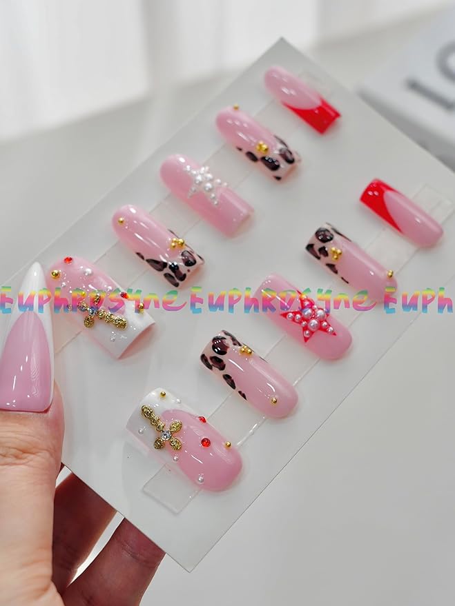 Euphrosyne Pink Jelly Press On Nails – Y2K Red French Tips with Punk Leopard Charms | 10pcs Cute Handmade Fake Nails for Daily & Party Use