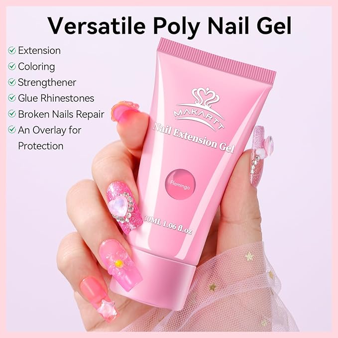 Makartt Hema-Free Poly Nail Gel Set: White & Hot Pink Color, Strong Builder for Extension Strengthener 3D Diy, Long-lasting for Nails French Manicures Home Salon-2PCs 30ML