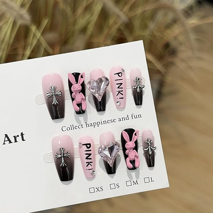 Luxury long Long Ballerina Press-On Nails, Pink and Black Gothic Design with 3D Bunny and Diamond Heart, Handmade False Nail 10 Pieces (Medium, LS)