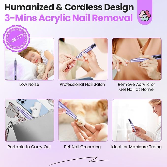 SAVILAND Electric Nail Drill: 35000RPM Cordless Electric Nail File Portable Nail Drill Professional 0 Vibration Hight Speed for 3 Mins Removal Acrylic for Manicure Pedicure Nail Salon at Home（Purple）