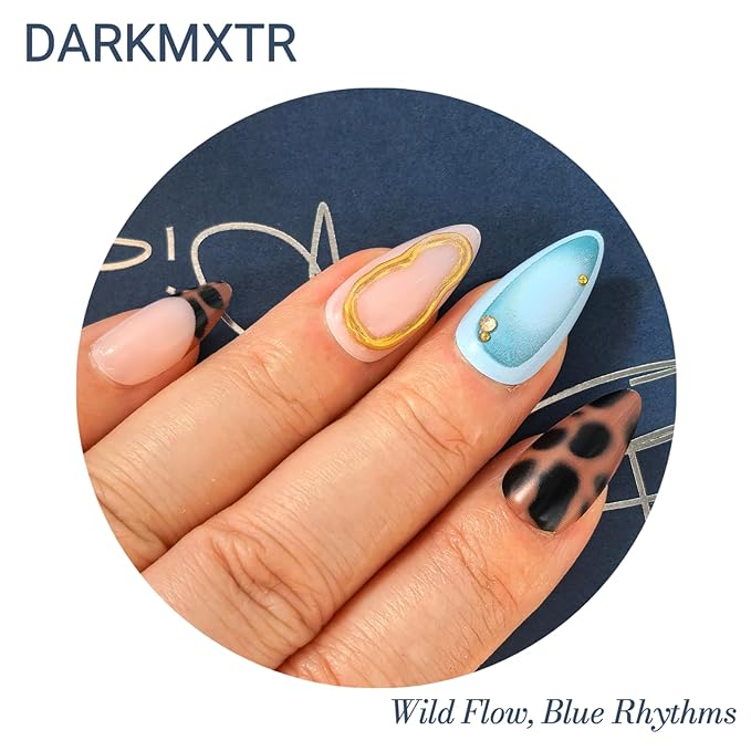 Press-On Nails Set - Almond Shape, Pink Blue Leopard Design with Gold Accents, Reusable Adhesive Nails for Women