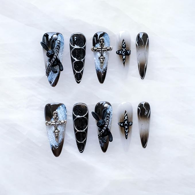 Gothic Press-On Nails, Long Stiletto Shape, Black with 3D Bunny and Cross Design, Handmade False Nail 10 Pieces (Medium, LS)