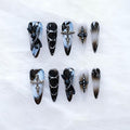 Gothic Press-On Nails, Long Stiletto Shape, Black with 3D Bunny and Cross Design, Handmade False Nail 10 Pieces (Small, LS)