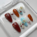 Luxury Press on Nails Medium Almond Handmade 3D Unique Reusable ABS Material Fake Nails French Tip False Nails with Designs Cherry Flower Glossy Heart Glue on Nail Thick Acrylic Nail(M)