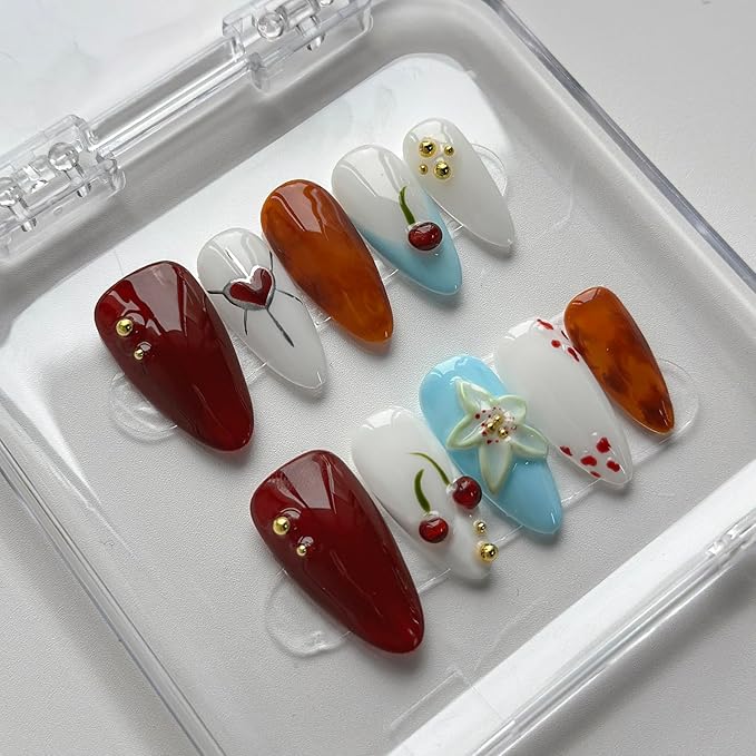 Luxury Press on Nails Medium Almond Handmade 3D Unique Reusable ABS Material Fake Nails French Tip False Nails with Designs Cherry Flower Glossy Heart Glue on Nail Thick Acrylic Nail(M)