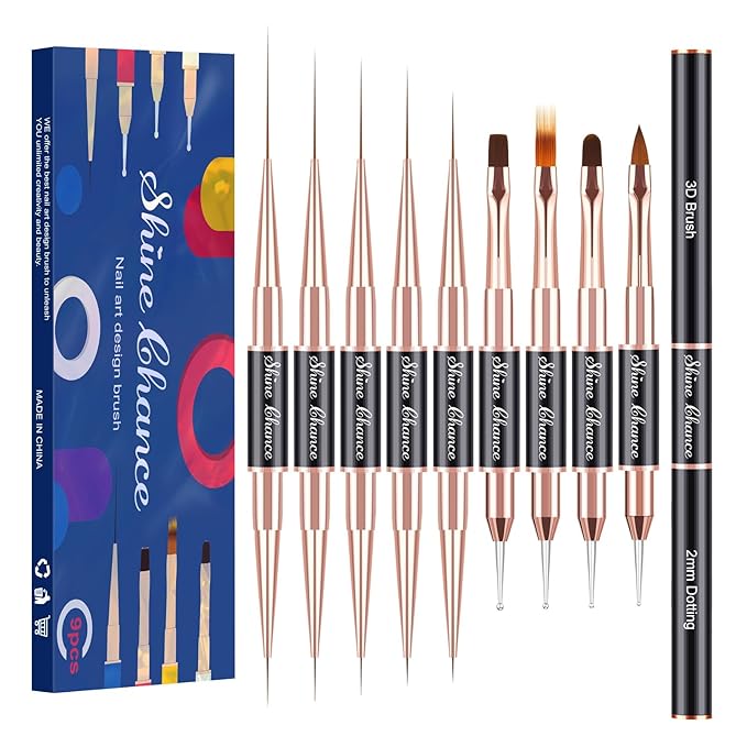 9Pcs Nail Art Brushes Set, Professional Double-Ended Acrylic Liner Detail Brushes for Gel Polish Art Nail, 3D Art Nail Dotting Brush Pen for Manicure DIY Home Salon, Black