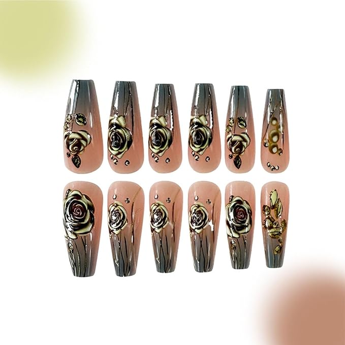 Coffin Press on Nails Long with Bright Embossed Blue and Gold Gradient Gold Rose Acrylic Valentines Fake Nails Press ons Cute Glue Stick on Nails for Women Girls 24 Pcs