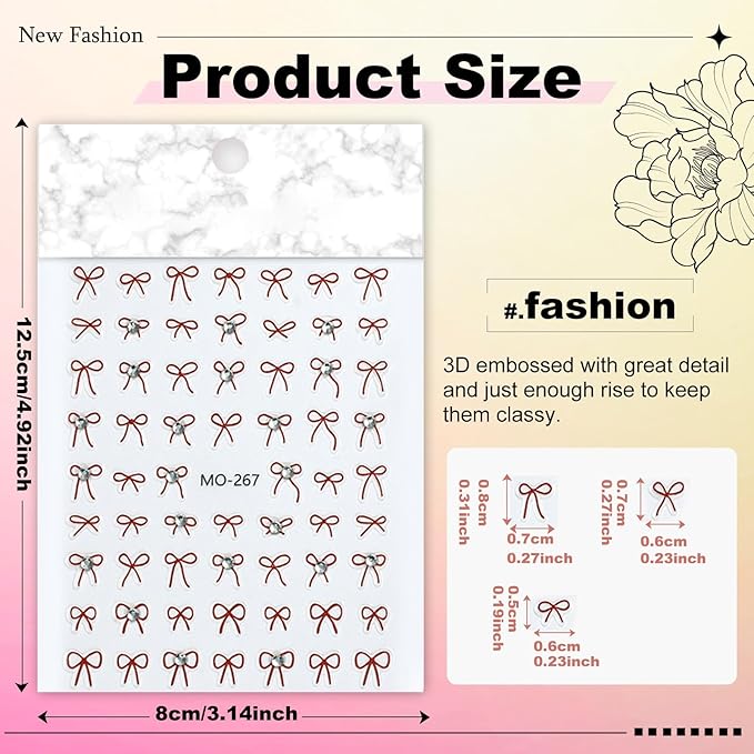 5 Sheets Bow Nail Sticker 3D Embossed Self-Adhesive Color Bow Art Nails Decals 5D Design Stickers Supplies for Women Girls Manicure Decoration 807-19