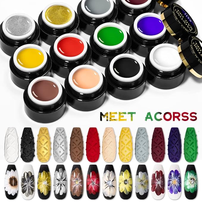12 Colors Painting Gel, Gel Nail Polish Kit with Painting Drawing Nail Brush Pen, Soak Off UV LED Gel Polish Set, Gel Paint for Nail Art Drawing Gel Nail for Art Design