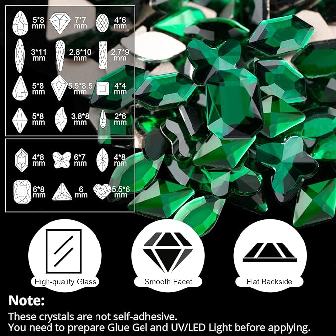 18 Styles Multi-Shaped Glass Gemstones for Nails and 6 Sizes Round Crystal Rhinestones Kit #6, Dark Green Nail Art Charm Bead Manicure Decoration with Pickup Pencil and Tweezer