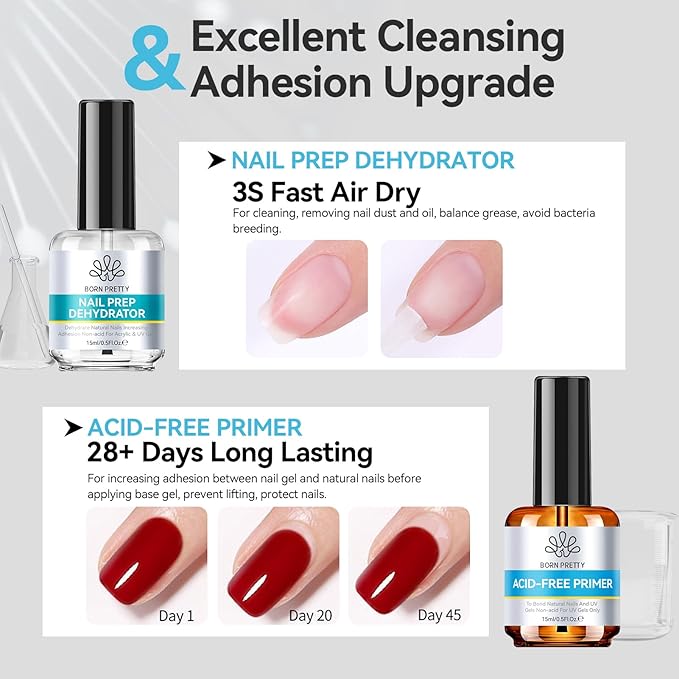 BORN PRETTY 15ml Nail Prep Dehydrate & Bond Nail-Primer Set,Natural Acid-Free Formula for Acrylic & Gel Polish,Superior Adhesion with Fast-Dry Gift Box Professional Salons Set