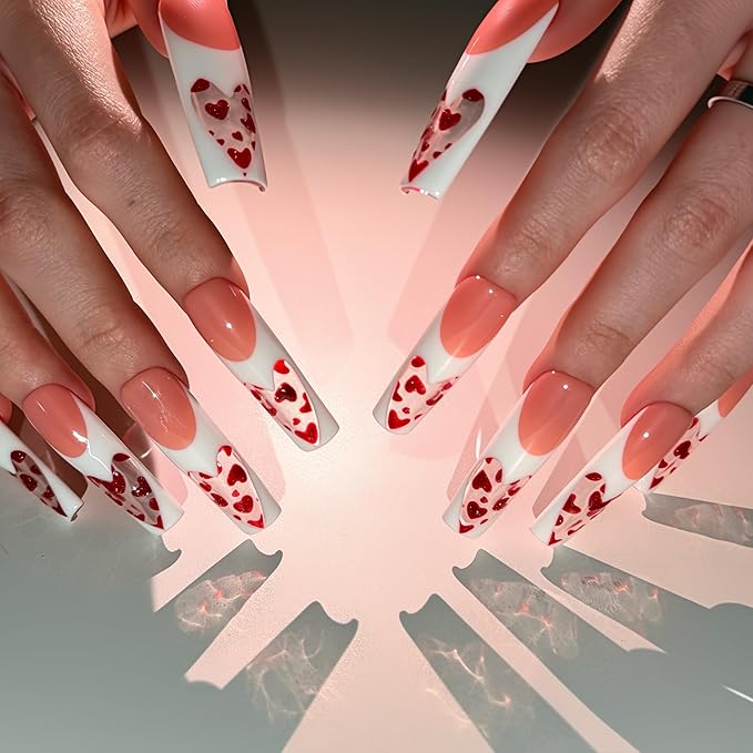 LOVFUL Valentine's Press on Nails Glass Heart | Handmade with Full Covered Crystals | Reusable Fake Nails | Square Mid length 1.7in | H742-S