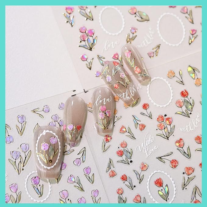 Aurora Tulip Floral Nail Art Stickers, Golden Flower Nail Decals, Self-Adhesive,Summer Spring Nail Accessories for Women, Nail Decorations 3 Sheets