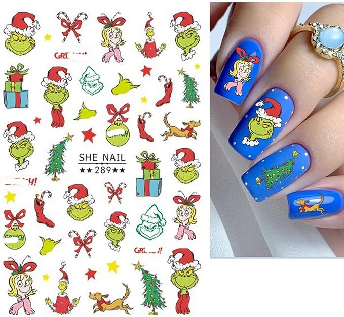 6 Sheets Christmas Nail Art Decals 3D Self-Adhesive Cartoon Xmas Nail Stickers Design WinterXmas Funny Green Monster Nail Decals Christmas Nail Decals Supplies for Women Nail Art DIY Manicure