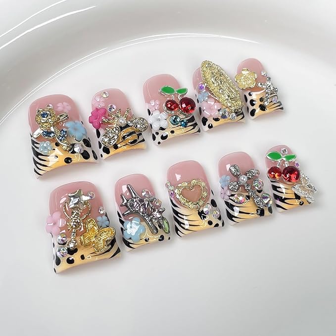 Handmade Press on Nails Leopard Print French Tip Stick on Nails Luxury 3D Rhinestone Flower Fake Nails Muti-Layer Gel False Nail with Cherry Designs Short Duck Acrylic Nail for Women（S）