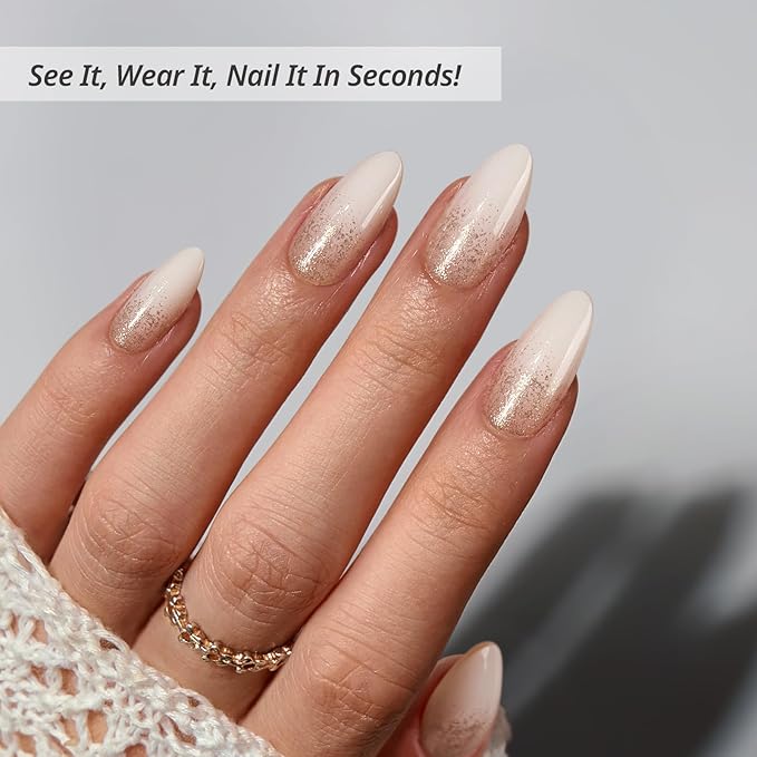 BTArtbox Press On Nails Almond - Champagne Frost, Medium Sparkle Press On Nails with Glue and Adhesive Tabs for Women in 15 Sizes - 30 Soft Gel Glue On Nails Kit