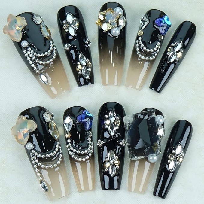Press On Nails Medium Fake Nails Handmade Coffin False Nails Black Flower Diamond 3d Hand-Painted Nail Charms, Acrylic Nail Kit Glue On Nails,Reusable Stick on Nails for Women 10pcs M