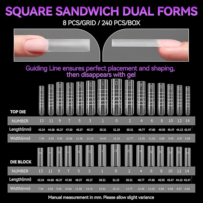 Gelike EC Sandwich Dual Forms for Polygel: Reusable Square Nail Form for Builder Gel & Acrylic Nails - 240pcs 15 Size with Guidelines to Create Short, Medium, Long Styles - C-Curve with Straight Sides
