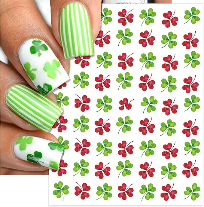 St. Patrick's Day Nail Art Stickers, Irish Shamrock 3D Self-Adhesive Nail Decals Lucky Clover Design (4 Sheets)