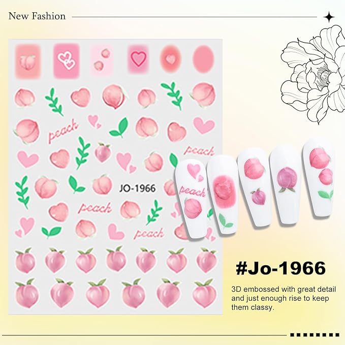 6 Sheet Fruit Nail Sticker for Nails Art 3D Embossed Self-Adhesive Cute Peach, Cherry, Lemon, Watermelon, Strawberry, Avocado Nail Decal Design Supplies for Women DIY Manicure Art Decoration YX1243