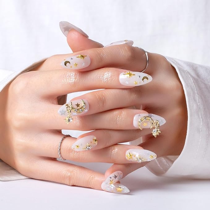 LOVFUL Press on Nails Celestial Radiance | Handmade with Full Covered Crystals | Reusable Full Cover Nails | Almond Regular 1.0 in | P006-S