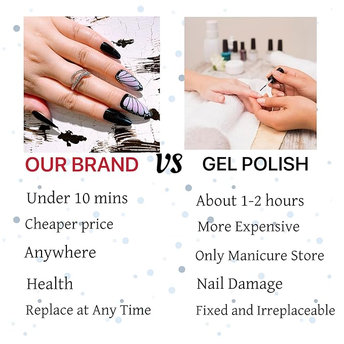 Black Press on Nails Pink Butterfly Wings Fake Nails Short Almond Glue on Nails Black Solid Color Glossy Full Cover Easy to Use Acrylic Stick on Nails For Daily and Party 24 Pcs