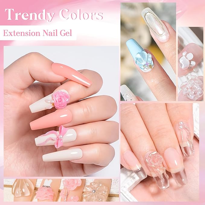 MEET ACROSS All-in-One Extension Mini Kit 2×7ml Non-Sticky Builder Gel Starter Kit WIth Base & Top Coat/Dual-Silicone Pen/Pro File/20-Pc Reusable Dual Forms Salon-Grade Extensions (Clear+Pink)