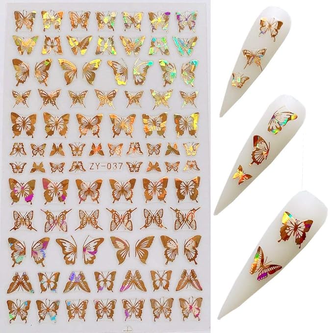 NAIL ANGEL 8Sheets Nail Art Adhesive Sticker Sheets Different Laser Gold and Silver Color Butterfly Shapes Nail Art Decoration 10238