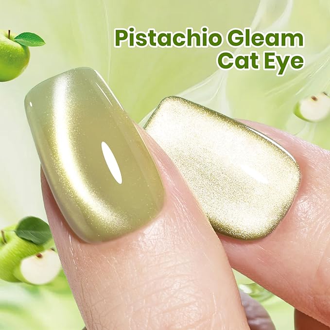 Beetles Taste of Spring Green Cat Eye Gel Nail Polish - 15ML Spring Gel Polish Sage Green Cat Eye Glitter Magnetic Translucent Glassy Effect Pistachio Gleam Soak Off UV DIY Stpatrick Gift for Women