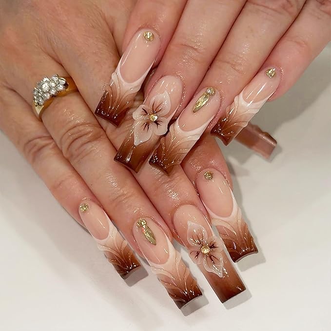 Length Square Press on Nails Gradient Brown Fake Nails Embossed Flowers Artificial Nail 3D Rhinestones Acrylic Stick on Nail for Women 24pcs