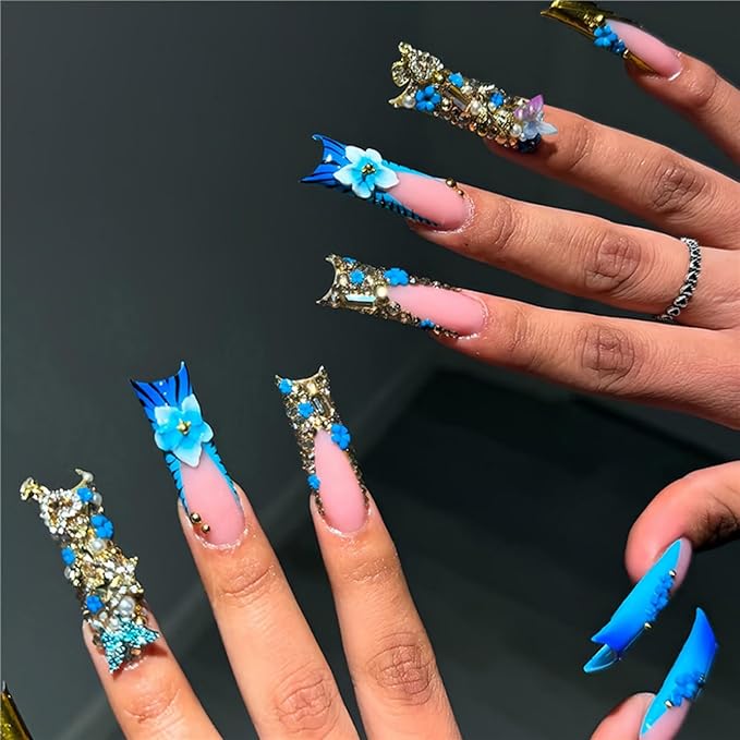 Long Square Press on Nails Fake Nails Artificial Nail Stick on Nail for Women Blue Flower and Butterfly Design with 3D Gold Diamonds and Pearl Accents on Light Pink Base