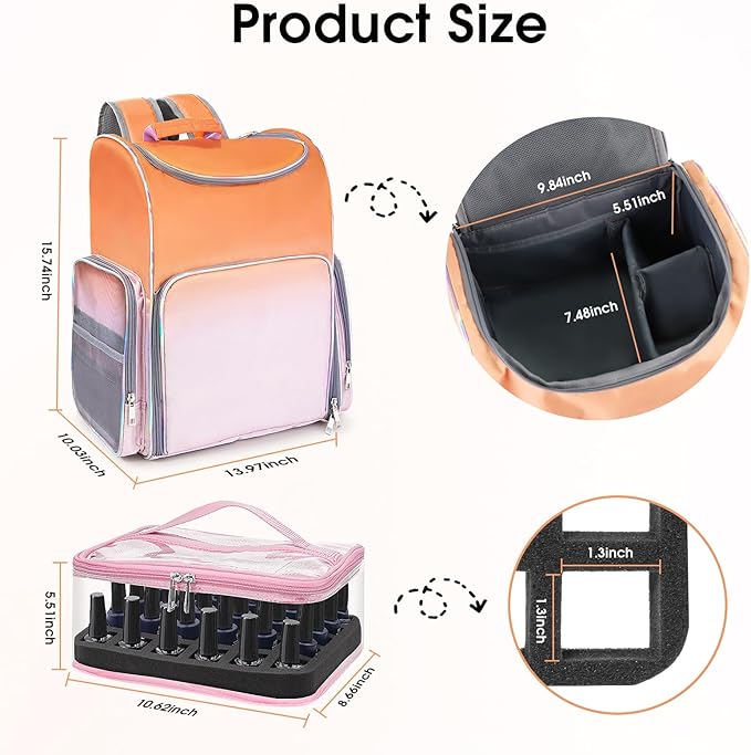 Nail Polish Organizer Bag Large Nail Polish Storage Organizer Case Backpack Holds 60 Bottles and Nail Lamp with 2 Removable Case Professional Nail Supplies Organizer for Manicurist