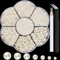 Nail Art Flat Back Half Round Pearl Kits 2, 1 Box of 6000 Pcs Flat-Back Beige AB Pearl with Tweezer and Picker Pencil for Home DIY Nails Body Face Craft and Salon Use
