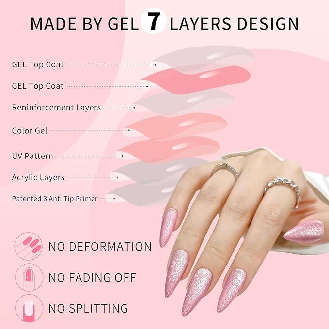 Pink Almond Cat Eyes Press On Nails,12 Sizes - 24 Pcs Soft Gel Pink Medium Fake Nails Kit with Nail Glue, Natural Reusable Stick On False Nails for Women and Girls SK1011