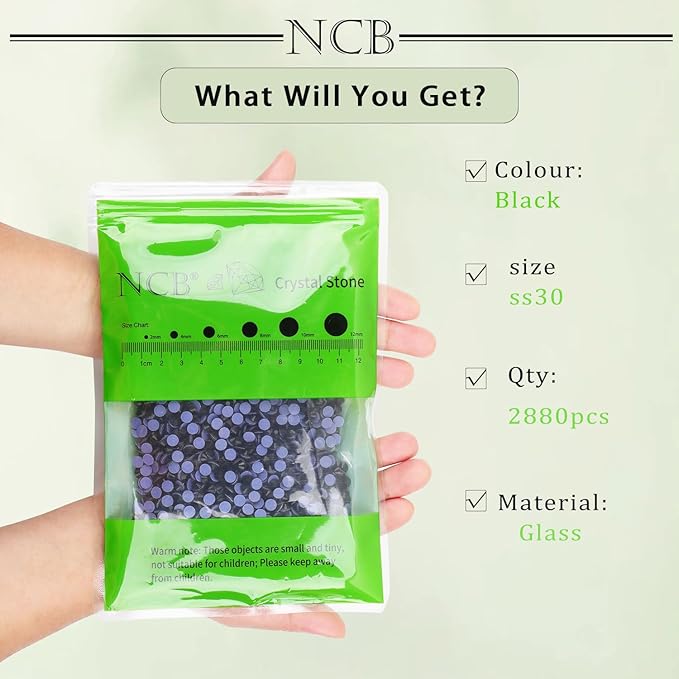 NCB 2880pcs Hotfix Crystal Rhinestones for Clothes Crafts, Hot Fix Bulk Flatback Crystals, Iron on Hotfix for DIY Decoration 20 Gross (Black, ss30/2880pcs)