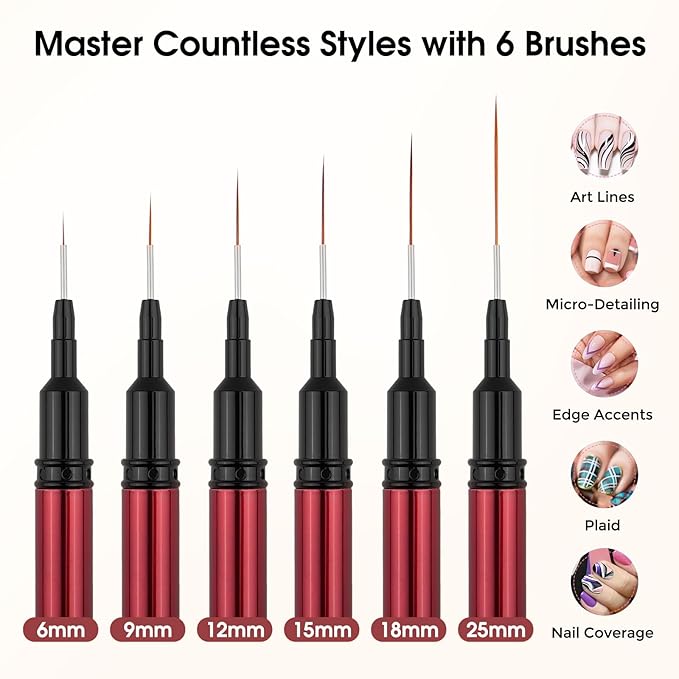 Nail Art Brushes, 6 Pcs Nail Liner Brushes for Nails, Nail Brushes for Nail Art Lines, Details, Edge and Plaid, Nail Design Brushes, Thin Nail Art Brushes Sizes 6/9/12/15/18/25 mm, Black
