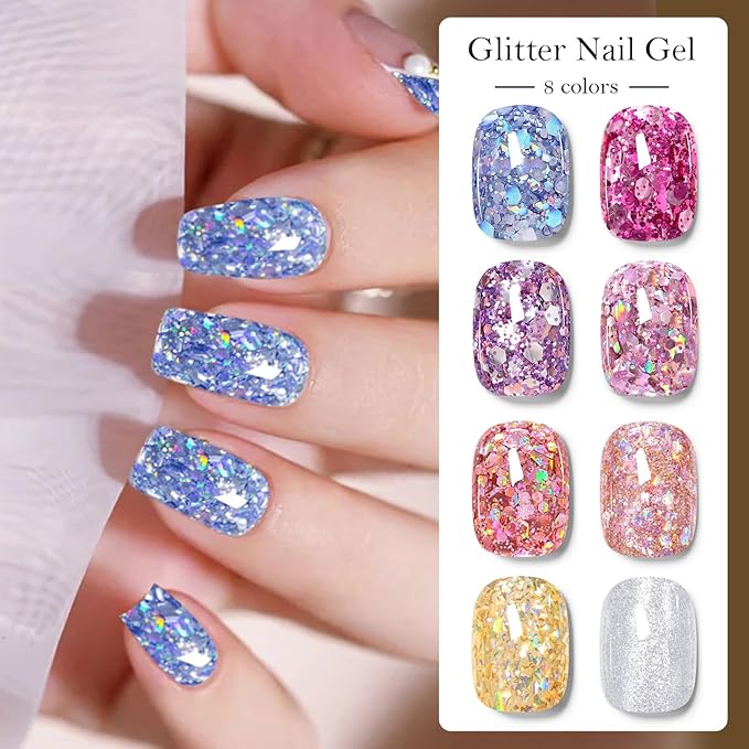MEET ACROSS 9Pcs Glitter Gel Nail Polish Set with 1Pc Nail Brush, Sparkle Pink Purple Blue Broken Gold Flash Gel Polish Kit, UV LED Soak Off Manicure Gift for Women 8 Colors