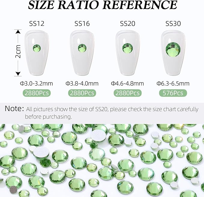 Light Green Flatback Rhinestones, Glass Rhinestones for Nail Art and Craft, Glue Fix, Loose Crystal Gemstones(Lt.Green, SS12, 2880pcs, 2.9-3.0mm)