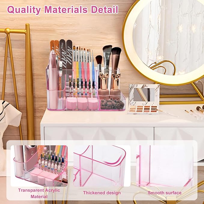 ANRUI Nail Drill Holder, 28 Holes Acrylic Nail Drill Bit Holder, Professional Nail Drill Desk Organizer Case and Storage Box for Manicure Tools - Pink (Not included Tools)