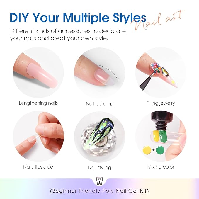 ROSALIND Poly Nail Gel Kit -24 Colors with Accessories Neon Poly Nails Gel Starter Kit with Slip Solution Mini UV Lamp Base Top Coat, Christmas All Seasons Classic Colors Poly Extension Gels Nails Kit