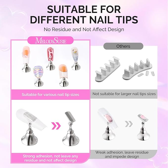 MelodySusie Nail Stand for Press Ons, Flower and Heart Magnetic Base for Painting Display with Acrylic Brush Holder and 100 Pcs Reusable Double-Sided Tape for Home DIY Salon Supplies, Purple and Gray