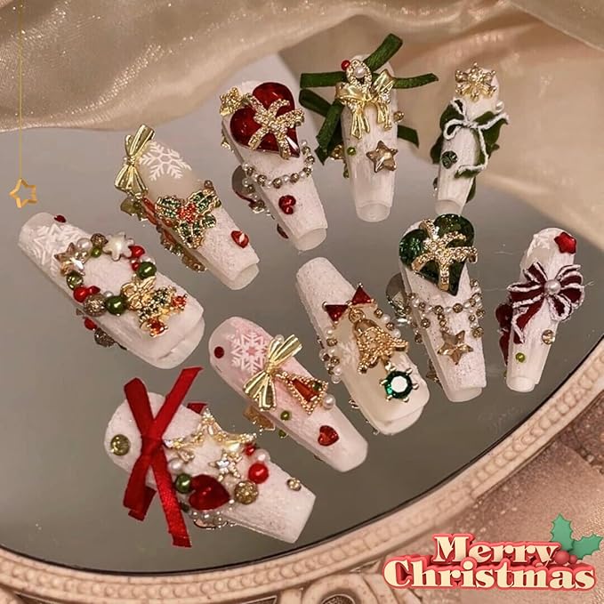 12PCS Christmas Nail Art Charms - Natural Zircon Gems with 3D Alloy Mix Shapes, Luxury Rhinestones & Crystal Diamonds for Shiny Winter Holiday Nail Decorations