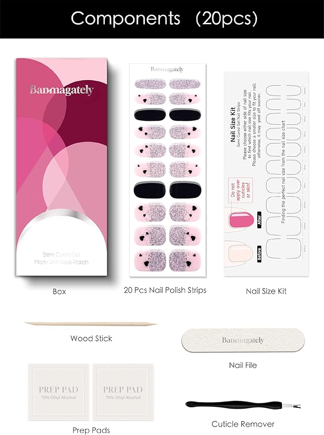 Semi Cured Gel Nail Strips, 20Pcs Long Lasting Salon Quality Wraps, Easy Apply & Remove Gel Nail Stickers with UV Light (Velvet Glitter Hearts Pink)